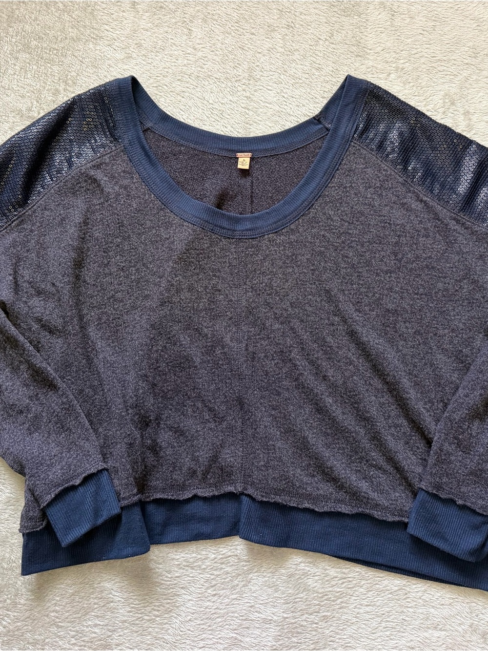 Free People Navy Textured Sequin-Shoulder Pullover